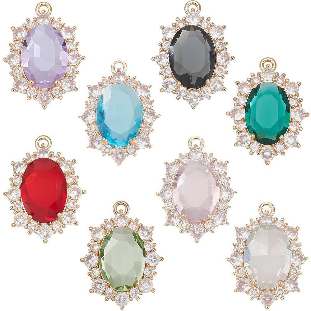 5729 1 Box 8Pcs Large Oval Glass Charms Cubic Zirconia Retro Antique
